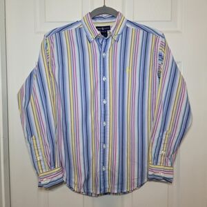 Vtg Ralph Lauren boys blue pink striped long sleeve button down Sz M 12-14
